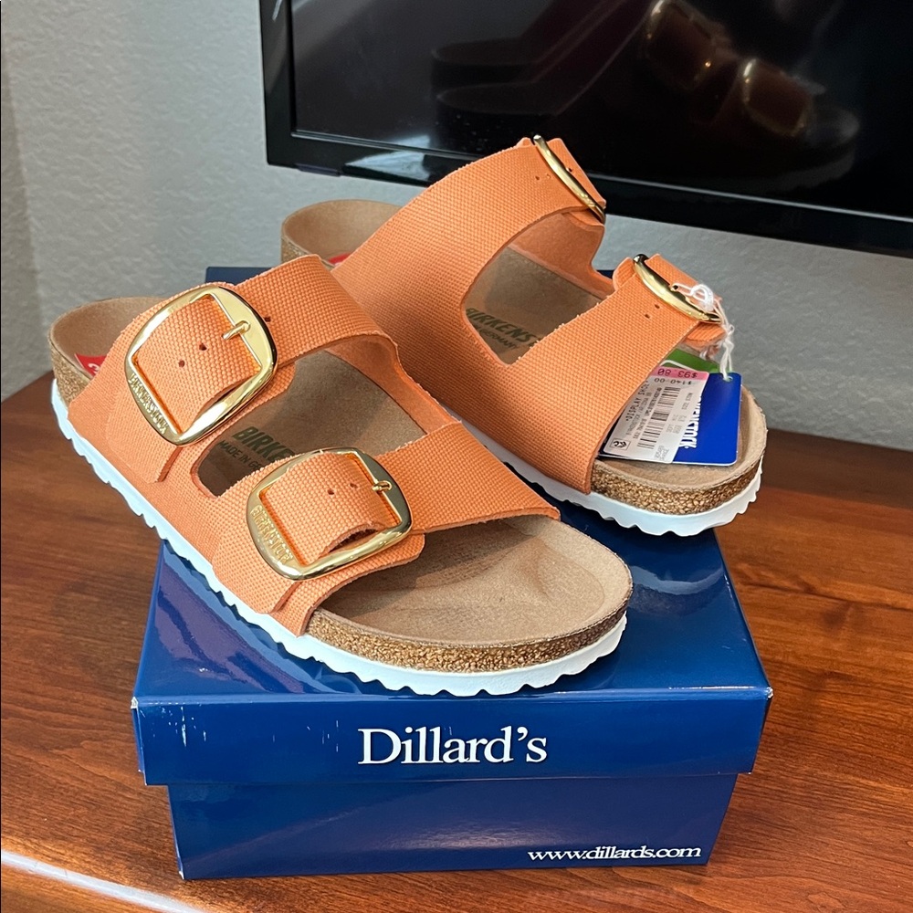 Birkenstock ladies Orange Sandals with Gold Buckles